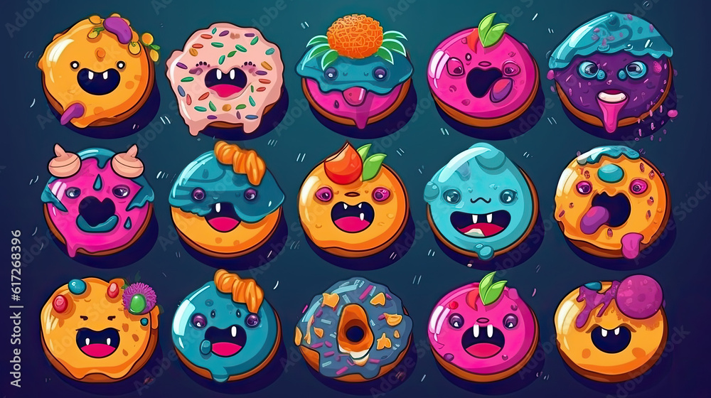 Cute cartoon colorful donuts with different emotions. Cute cartoon colorful donuts with different emotions.