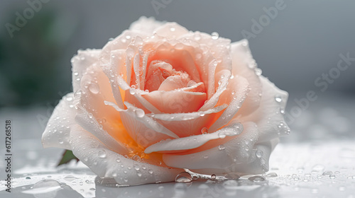 Beautiful pink rose with water drops on a gray background. Close-up.