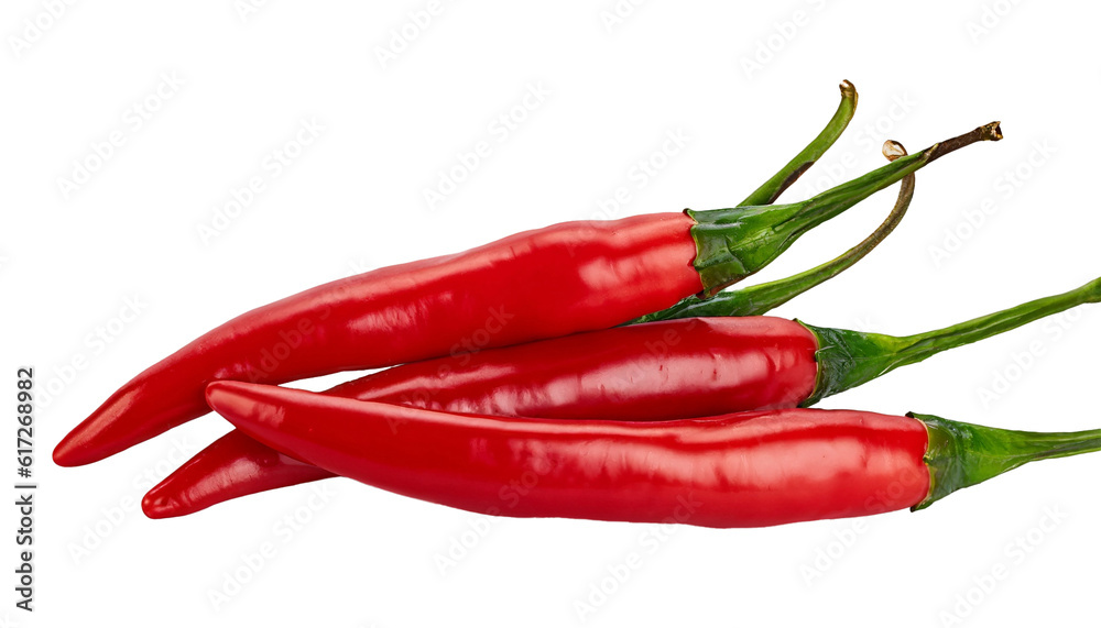red hot chili peppers isolated on transparent background, full depth of field