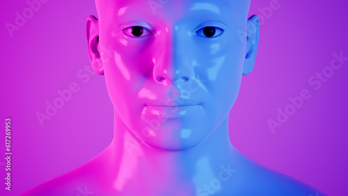 Fototapeta Naklejka Na Ścianę i Meble -  male hyper-realistic robot or cyborg in studio with neon light. Artificial intelligence or neural network in image cybernetic man. Digital technology concept. 3d render