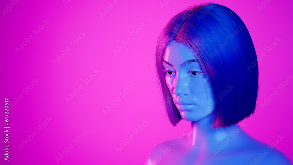 Female hyper-realistic robot or cyborg in studio with neon light. Artificial intelligence or neural network in image cybernetic girl. Digital technology concept. 3d render Female hyper-realistic robot or cyborg in studio with neon light. Artificial intelligence or neural network in image cybernetic girl. Digital technology concept. 3d render