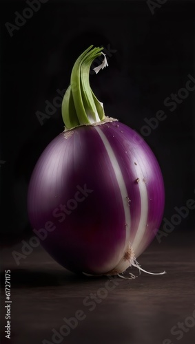 Photography of red onion object on table with AI generative dark background 