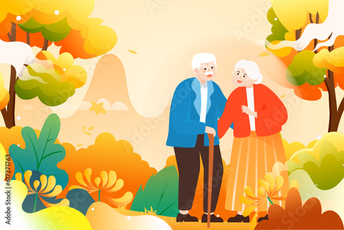 Autumn Double Ninth Festival parent-child tour, Liqiu solar terms, old people climb high and enjoy autumn illustration