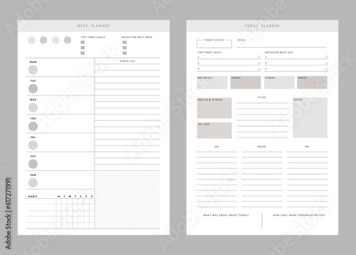 (Black) set of Week planner. Minimalist planner template set. Vector illustration. 