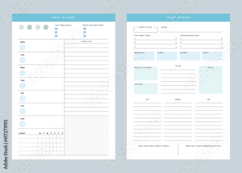 (Ocean) set of Week planner. Minimalist planner template set. Vector illustration. 