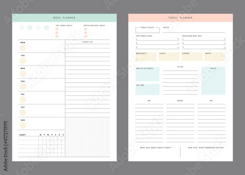 set of Week planner. Minimalist planner template set. Vector illustration. 