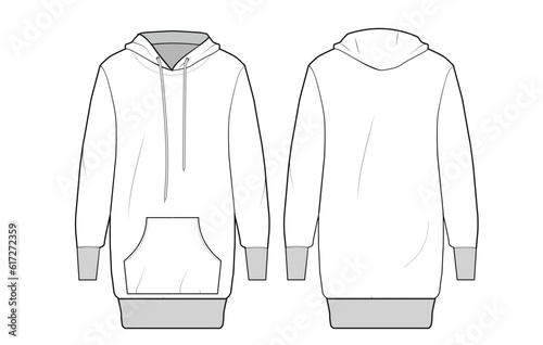 Women's Hooded Sweat Dress. Dress in technical fashion illustration with front pocket detail. Flat apparel dress template front and back, white color. Women's CAD mock-up.