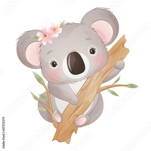 Fototapeta Naklejka Na Ścianę i Meble -  Cute koala on tree branch watercolor illustration
