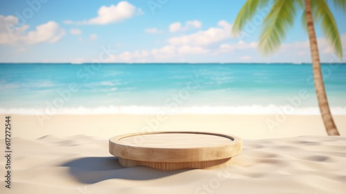 Wooden pedestal of free space for your decoration and summer landscape of beach. © Pro Hi-Res