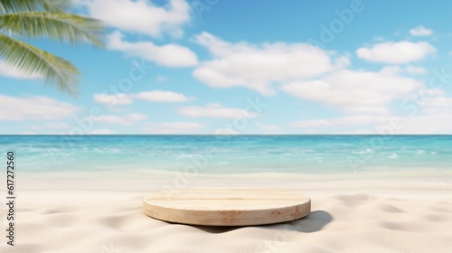 Wooden pedestal of free space for your decoration and summer landscape of beach.