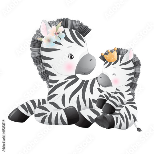 Cute zebra and baby zebra watercolor illustration