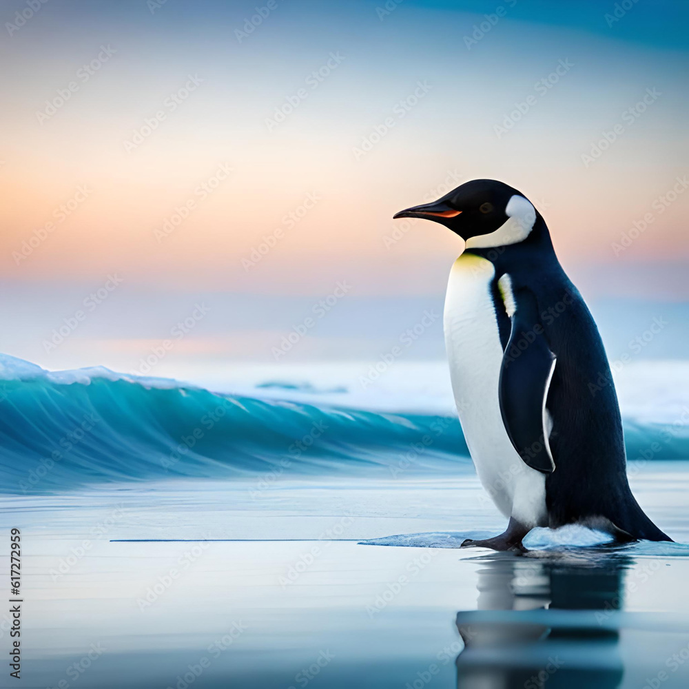Fototapeta premium Penguin on water, sliding on icy waves
