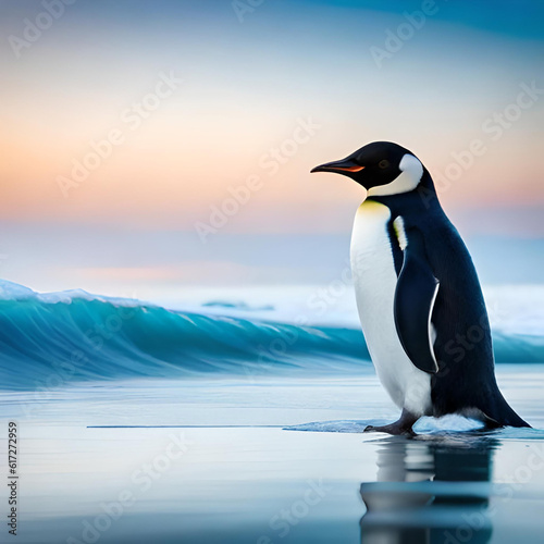Penguin on water  sliding on icy waves