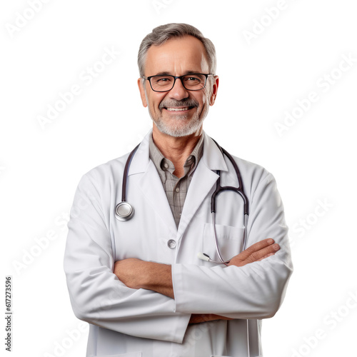 A smiling middle aged doctor with his arms crossed