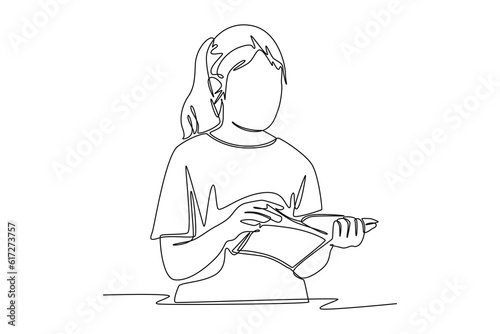 Single one line drawing happy student reading and preparing for examination. Education and leisure concept. Continuous line draw design graphic vector illustration.