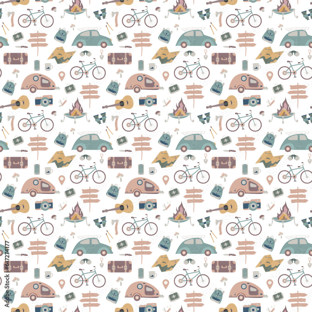 Hiking and camping seamless pattern with travel elements. Seamless ...