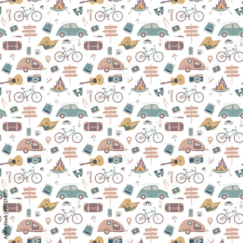Hiking and camping seamless pattern with travel elements. Seamless pattern for design, posters, backgrounds Hiking, travel and camping theme. Tent, guitara, mug, map, camera, binoculars.