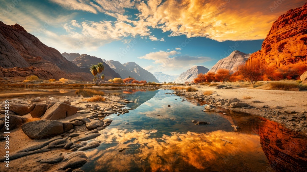Desert mountain and oasis lake with sunrise light. Generative AI