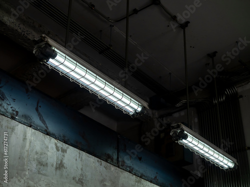 Bilde på lerret Loft industrial ceiling lights covered with wire mesh hanging under ceiling in old white building