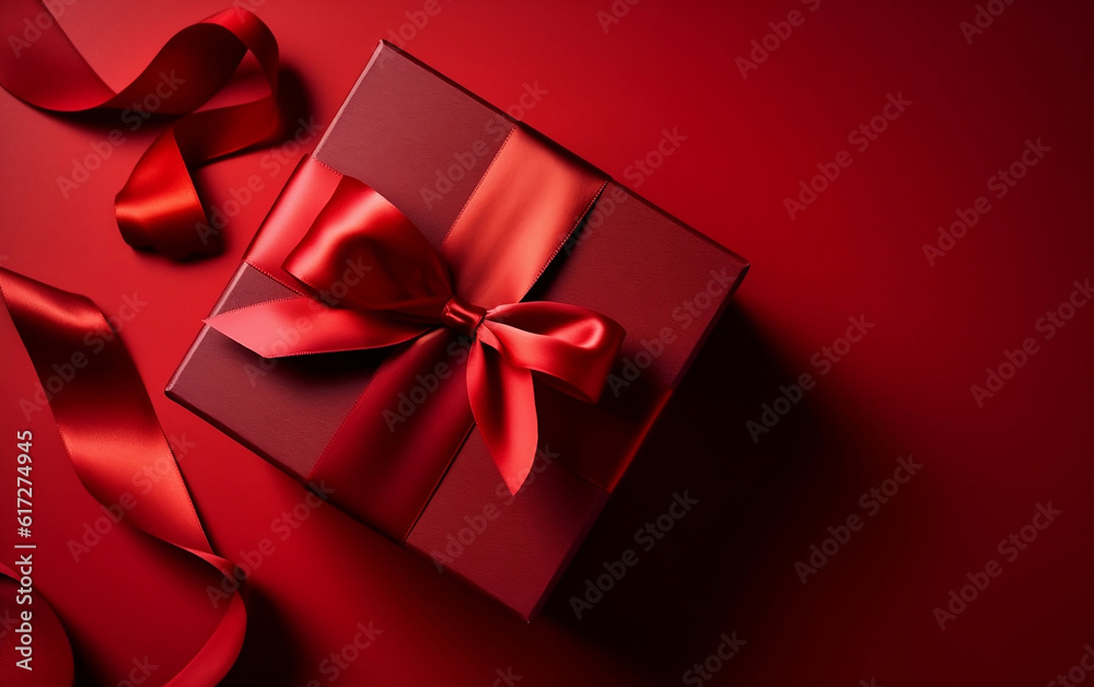 Gift box with red ribbon on red background. Generative AI Gift box with red ribbon on red background. Generative AI