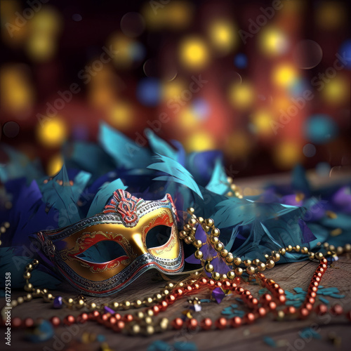  Mardi Gras Mask Shimmering Among Pearls and Feathers © BiljanaMoe