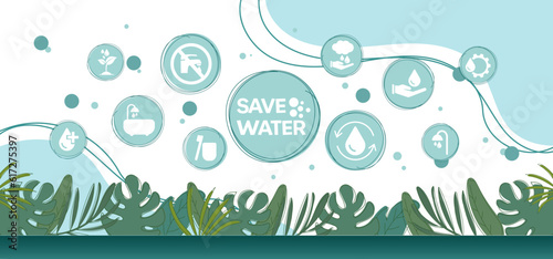 concept of water saving tips icon infographic. Save water, save earth and go green, environment protection campaign concept with environment template, vector illustration.