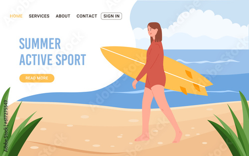 Landing page summer active sport Surfing. Woman with surfboard on beach. Horizontal template design. Vector template in flat style