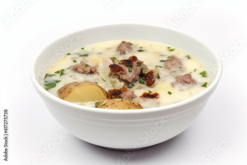 a bowl of meat and potato soup on a white background