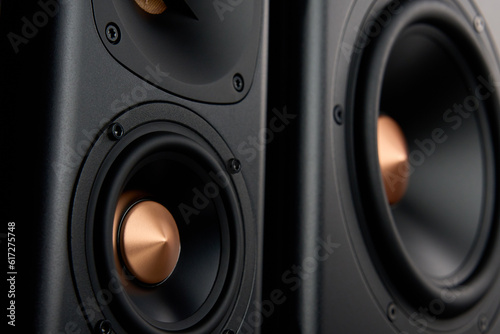 Multimedia acoustic sound speakers. Sound audio system on dark background. Stereo system for listening music