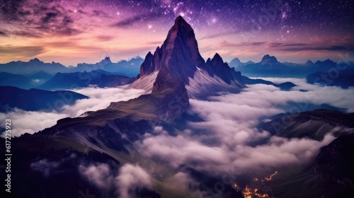 Landscape with alpine mountain valley and starry sky  Dolomites  Italy. Generative AI