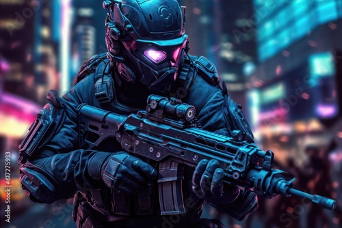 Special forces soldier police a with high technology gun. Generative AI