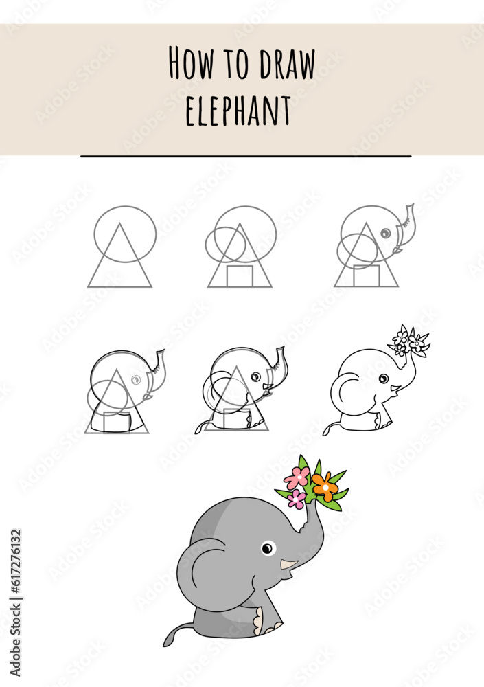 How to Draw Cute Elephant, Step by Step Lesson for Kids cartoon vector illustration