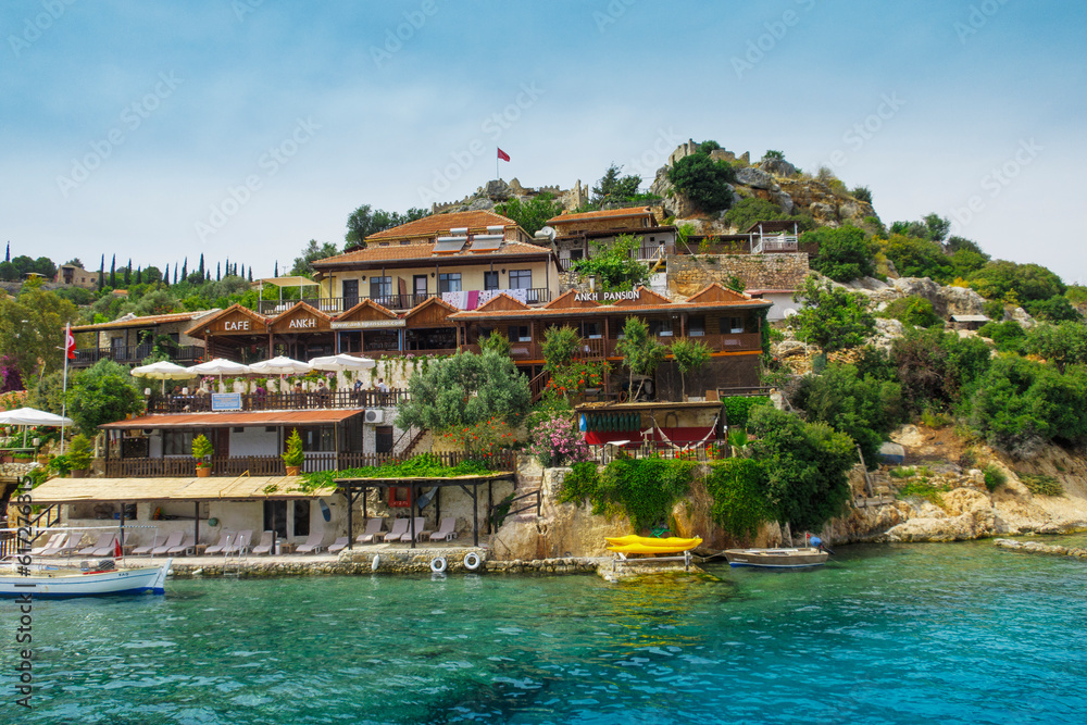Obraz premium Beautiful panoramic view on island Kekova and the castle Simena on top of hill