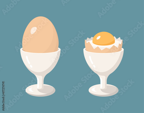 Illustration of brown boiled egg in white egg cup. Isolated vector.