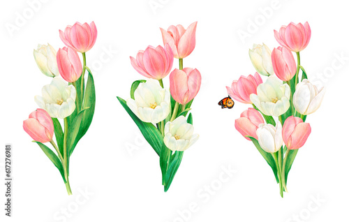 Watercolour drawing set of bouquets from beautiful pink and white tulip flowers on white background. Perfect for sticker, logo, napkin, textile printing
