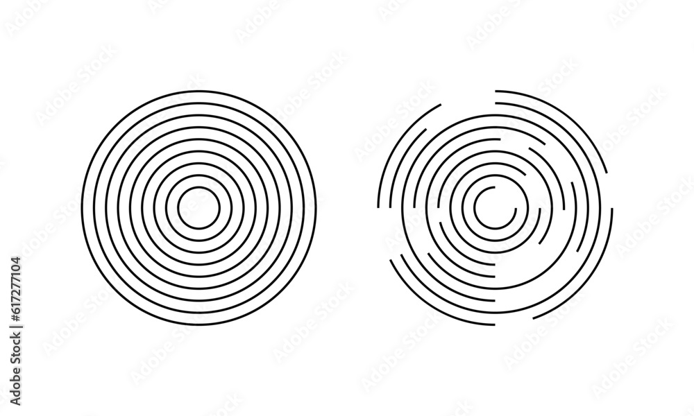Circular ripples. Concentric circles with whole and broken lines isolated on white background. Vortex, sonar wave, soundwave, sunburst, radio signal, pain, aim icons Circular ripples. Concentric circles with whole and broken lines isolated on white background. Vortex, sonar wave, soundwave, sunburst, radio signal, pain, aim icons