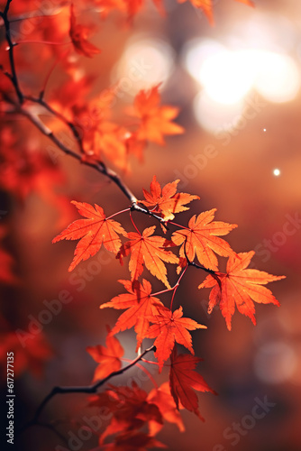 Autumn creative concept of warm reddish colors, branches of fallen red, yellow and orange leaves on a rainy autumn day. Illustration. Generative AI.