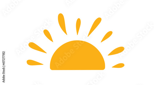 Yellow half sun icon in doodle style. Hand drawn sunset simple graphic symbol. Summer heat icon. Half round solar element. Vector illustration isolated on white background.