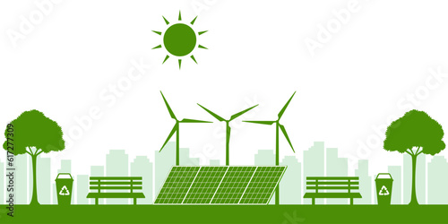 Green City. Smart City. Save the World and Save Energy Concept. Alternative Clean Energy. Eco-Friendly Concept. Vector Illustration. 