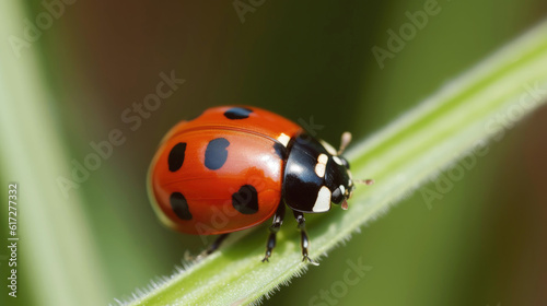 Red ladybug sitting on a plant in nature