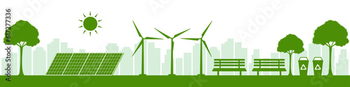 Green City. Smart City. Save the World and Save Energy Concept. Alternative Clean Energy. Eco-Friendly Concept. Vector Illustration. 