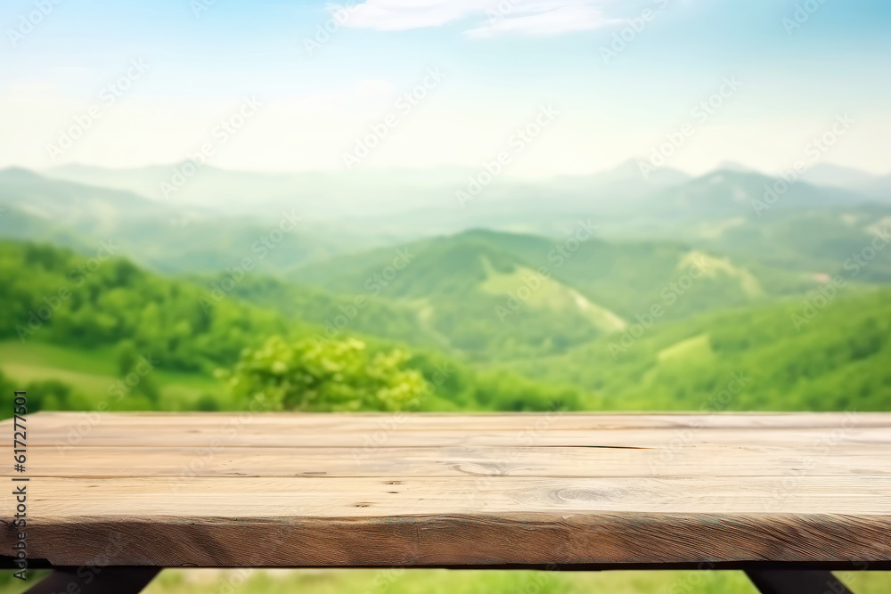 Empty wooden table in front of green Alps mountains (Generative AI)