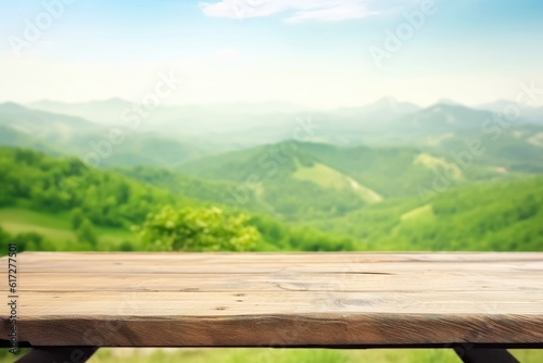 Empty wooden table in front of green Alps mountains (Generative AI)