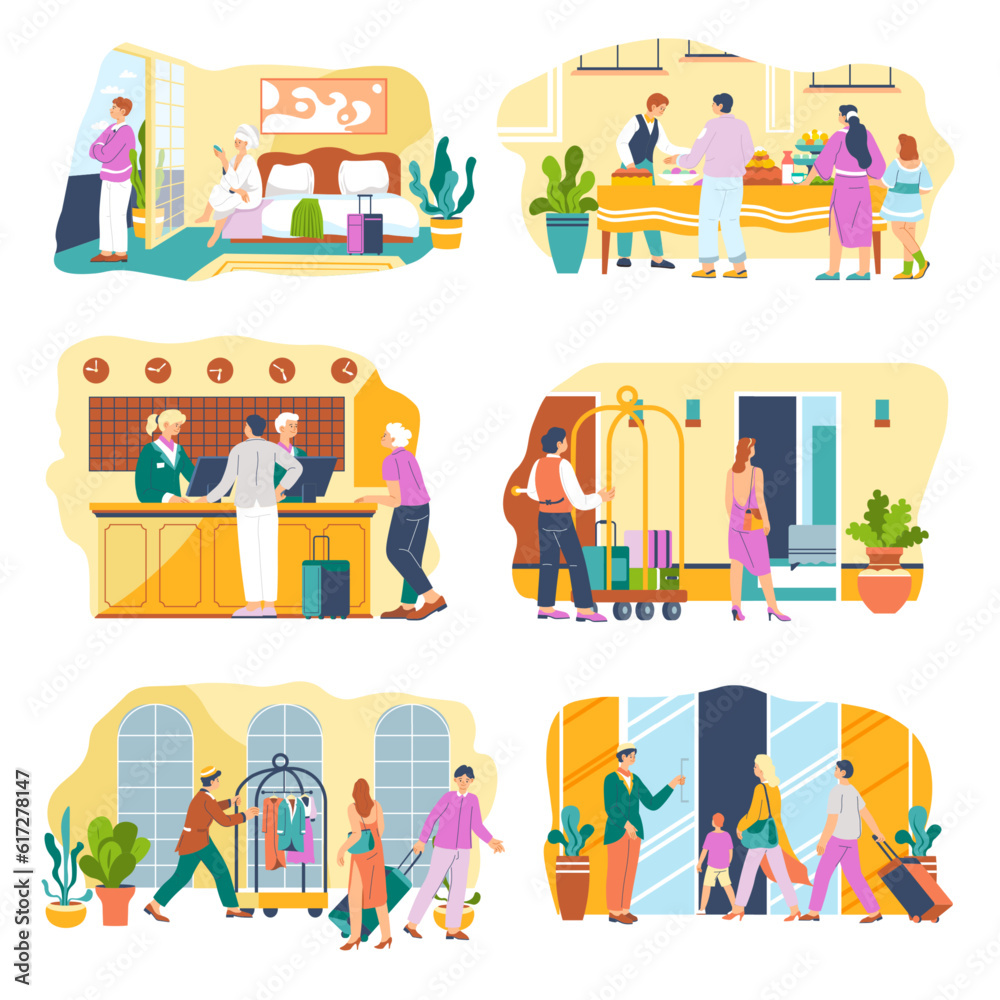 Hotel service, check in and out, reception vector