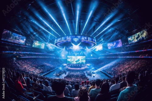 E-Sports tournament with a packed stadium - crowd at gaming event focused on center stage - esports arena with big screens - generative ai - 