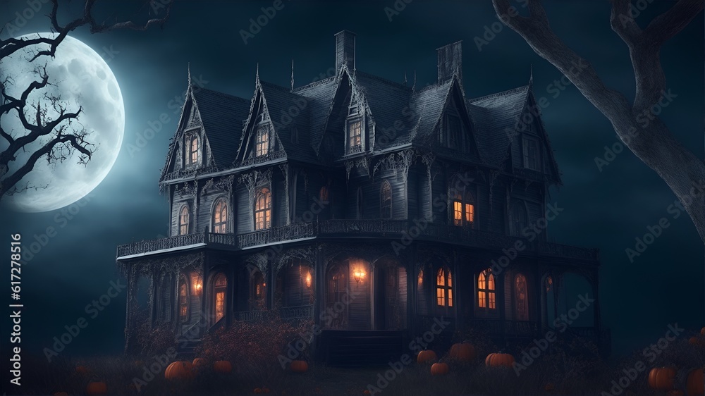 Halloween night scene with haunted house castle. Generative AI