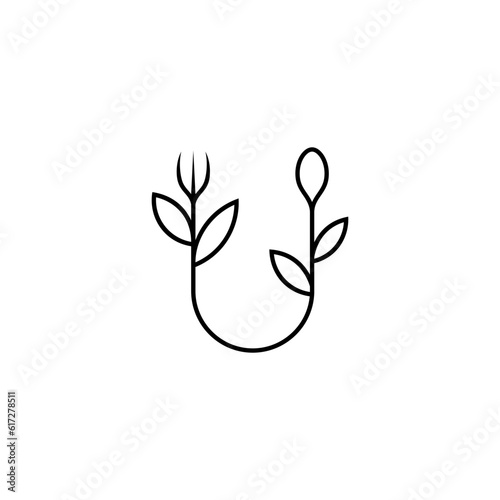 Letter U and natural cutlery line art logo design