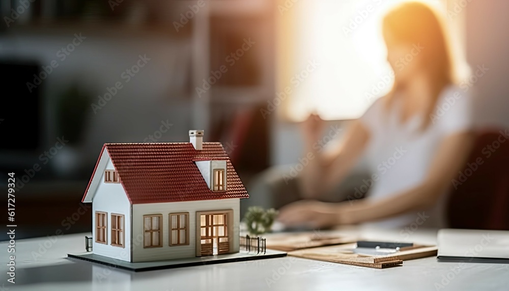 Economy of savings. Business concept of home investment or financial success. Small model house on table background