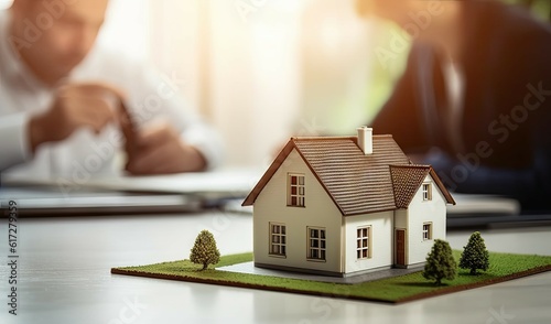 Economy of savings. Business concept of home investment or financial success. Small model house on table background