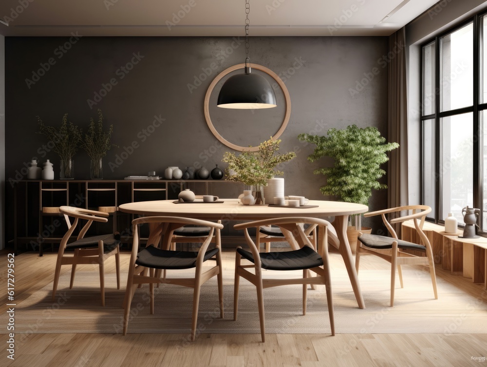 Dining room and dining sets, At a sleek and minimalist wooden dining table, sunlight shines through large windows. Generative AI